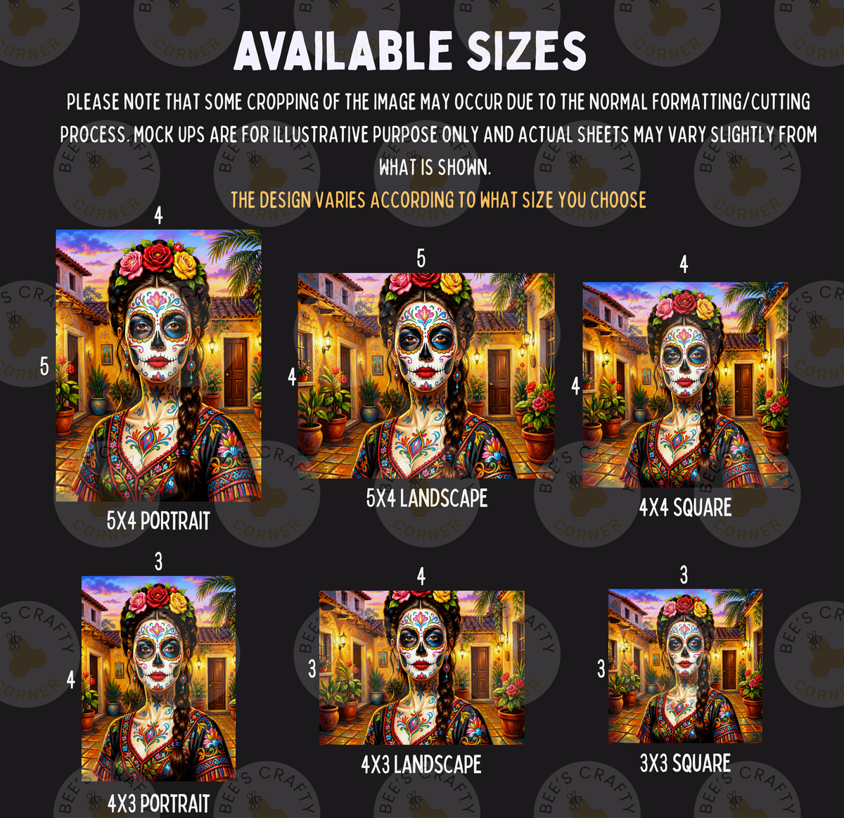 a collage of six different images, each depicting a woman with a skull-like face and colorful, festive attire. The images vary in size and are arranged in a grid format, with each row representing a different size and the columns representing the different images. The text above the images provides information about the available sizes and the actual size of the actual images.