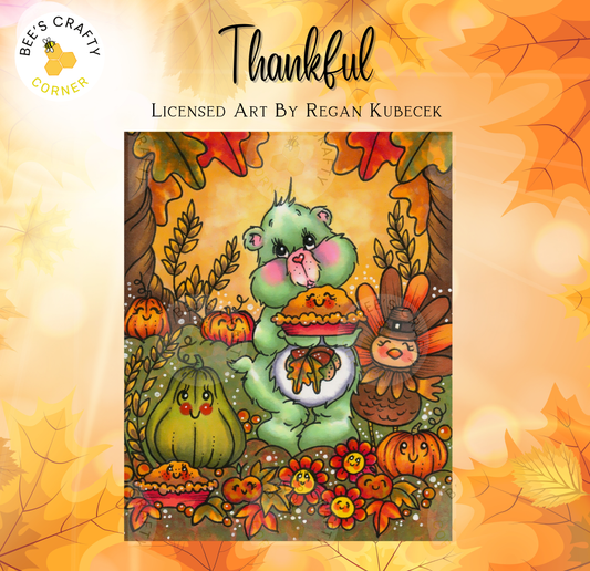 The image is a vibrant and colorful illustration featuring a cheerful green bear surrounded by various autumn-themed elements, including pumpkins, leaves, and flowers.