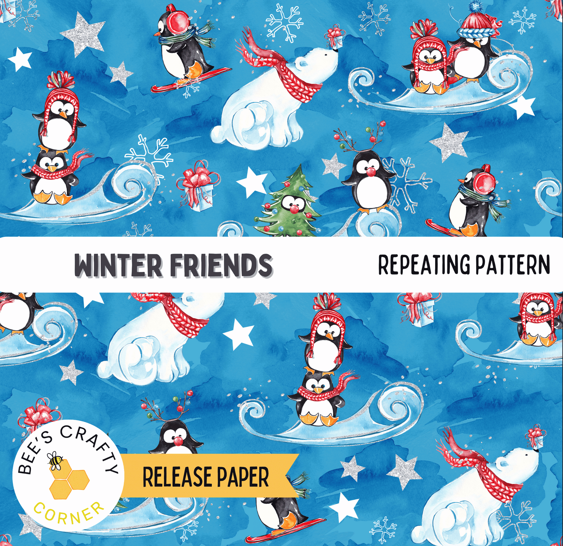 The image is a repeating pattern of various winter-themed penguins and polar bears, including some on snowboards and others on sleds, against a blue background with white stars.