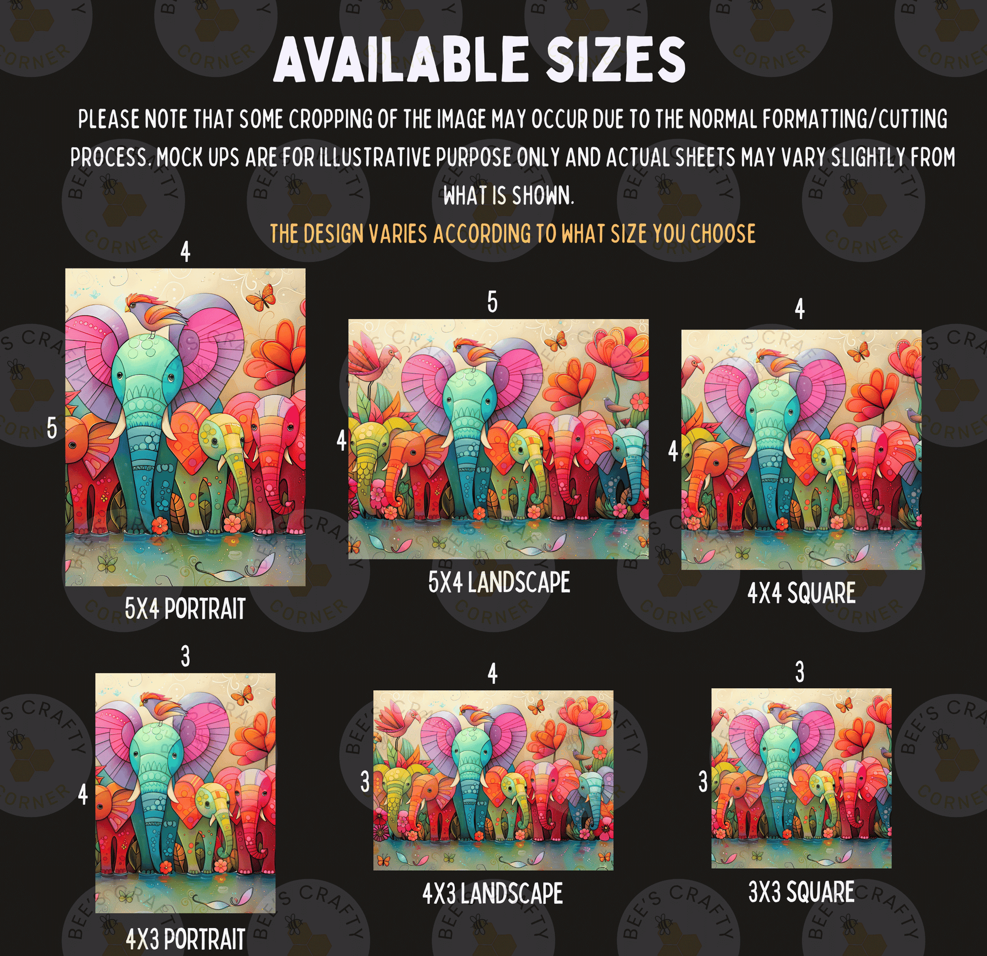 a variety of colorful and whimsical images of elephants, including different sizes and arrangements of the elephants. The images are arranged in a grid format, with each row representing a different size and the columns representing different types of elephants. The text indicates that some cropping may occur during the normal formatting process, and that mock-ups are available for illustrative purposes only and actual sheets may vary slightly from what is shown.