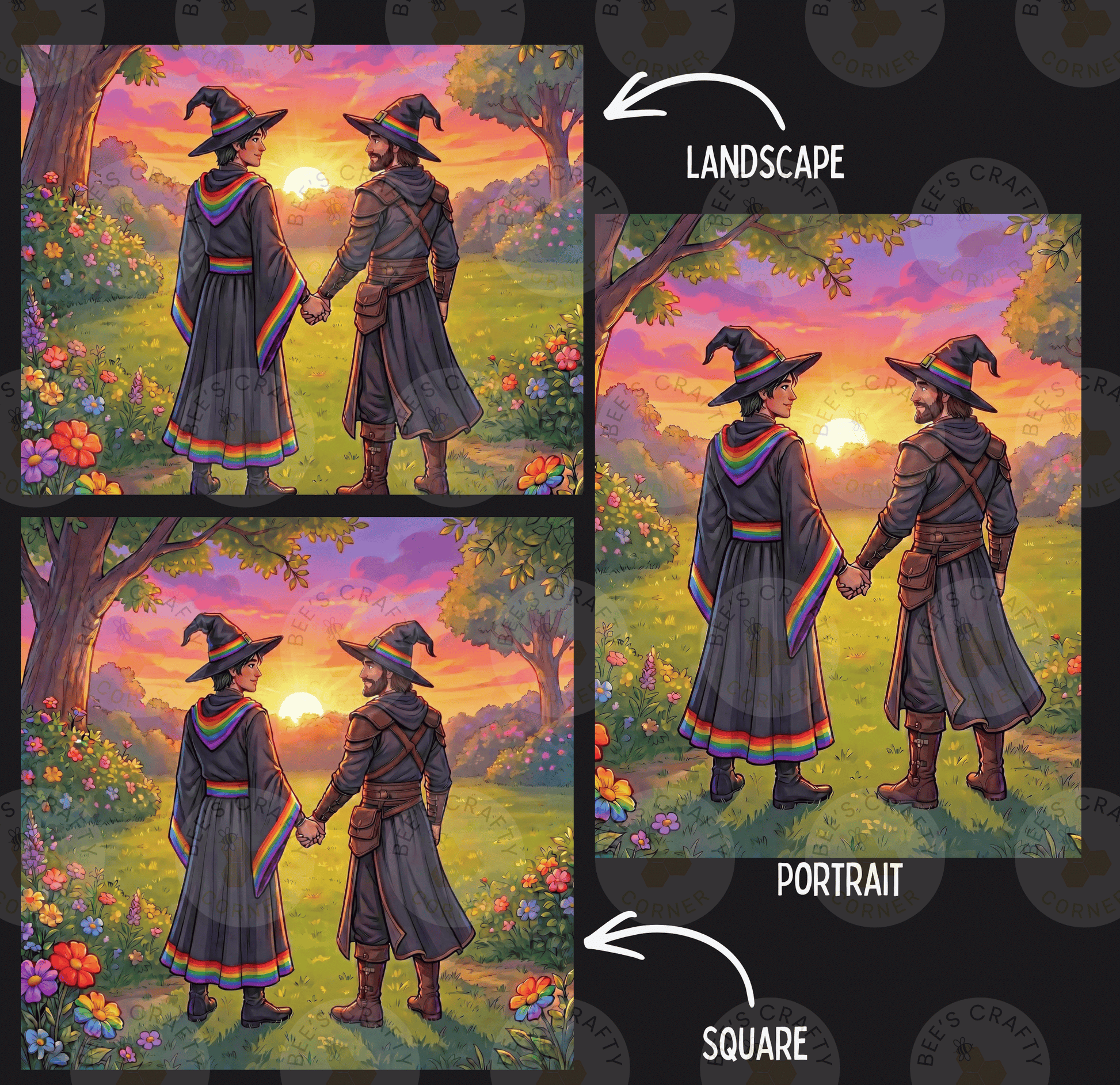 The image is a collage of three pictures depicting two people in medieval-style clothing, holding hands and standing in a garden with a sunset in the background. The images are labeled as "Landscape" and "Portrait" to differentiate between the two types of images.