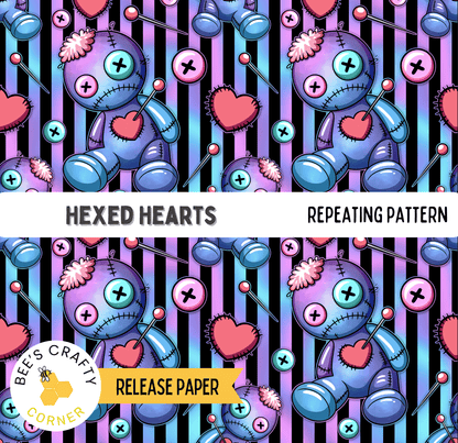 The image is a repeating pattern featuring various cartoon-style voodoo dolls and hearts in shades of purple, blue, and pink. The pattern includes multiple voodoo dolls with different expressions and accessories, such as hearts and sewing needles, creating a whimsical and gothic aesthetic.