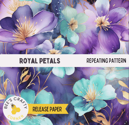 The image is a vibrant and colorful collage of various flowers, including purple and blue ones, with gold accents. The flowers are arranged in a repeating pattern, creating a visually striking and dynamic composition.