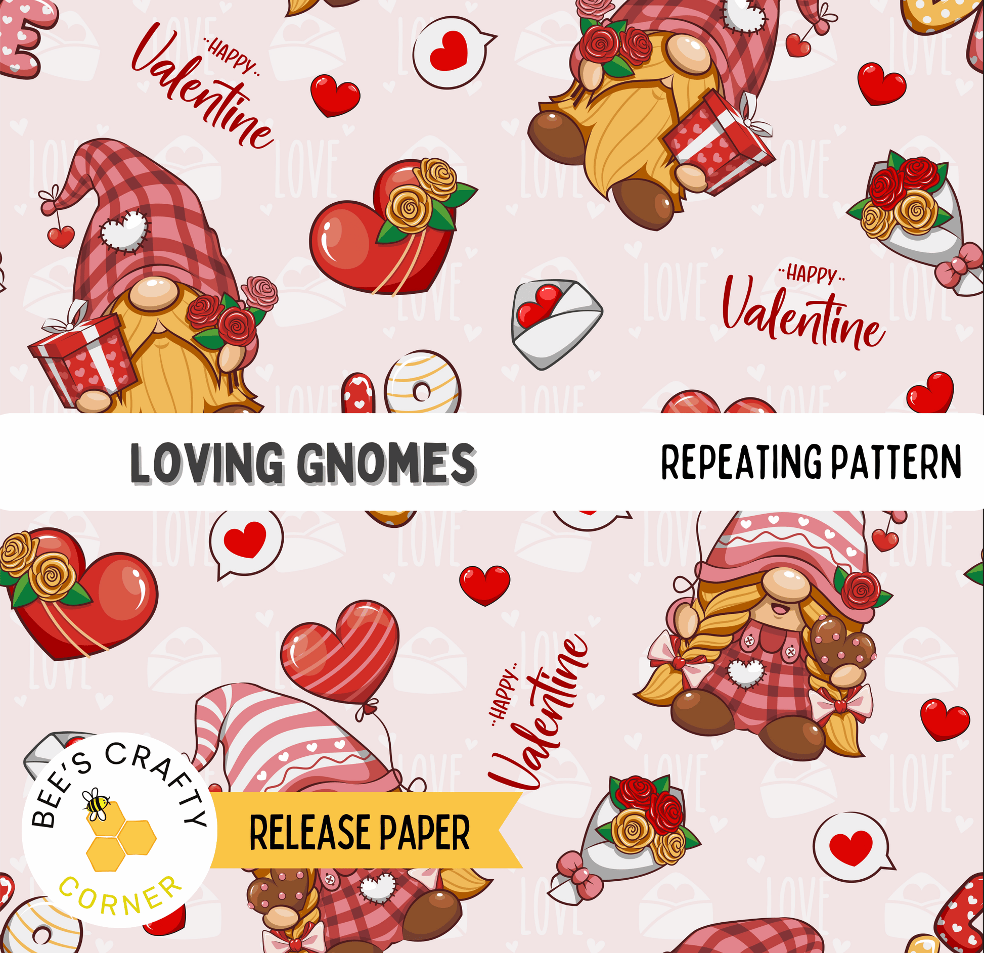The image is a repeating pattern featuring cartoon gnomes and Valentine's Day-themed elements such as hearts, roses, and gift boxes.