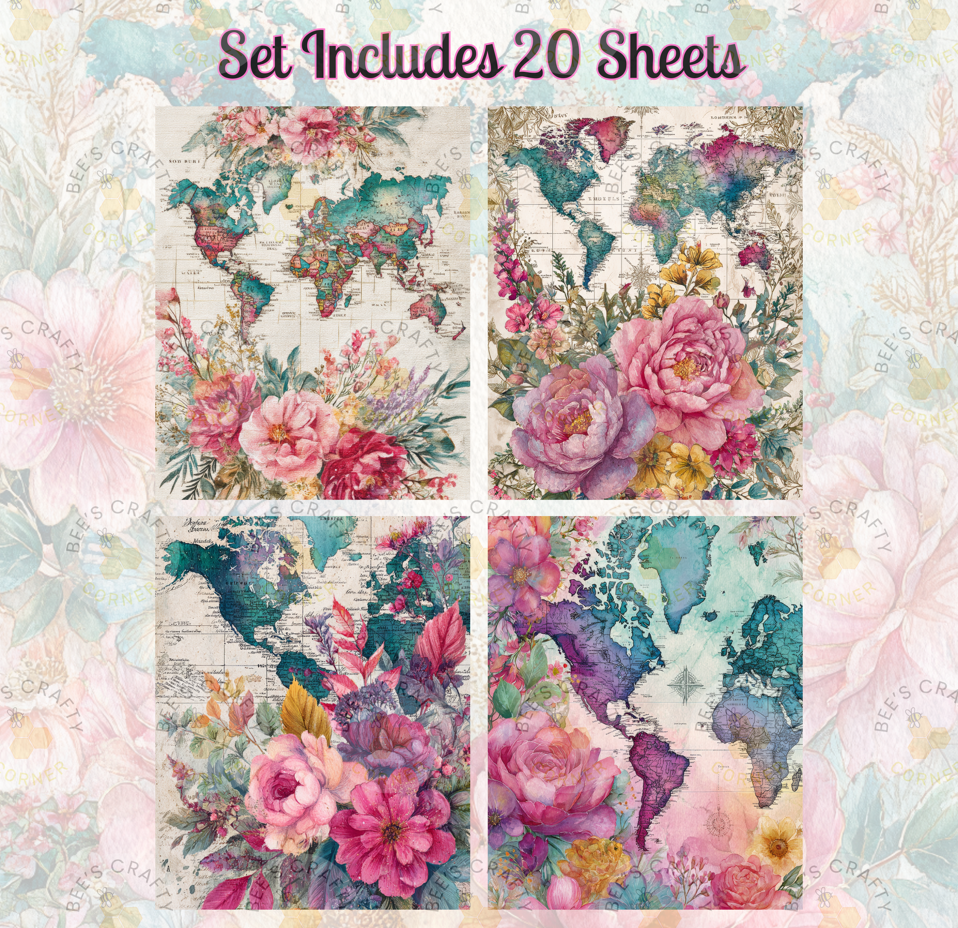 a set of four colorful and vibrant world maps, each adorned with a floral design. The maps are arranged in a grid format, with each map featuring a different floral pattern. The floral designs include various types of flowers, such as roses, peonies, and lilies, as well as leaves and other natural elements. The overall color palette of the maps is predominantly pink, green, and blue, creating a visually appealing and harmonious composition.