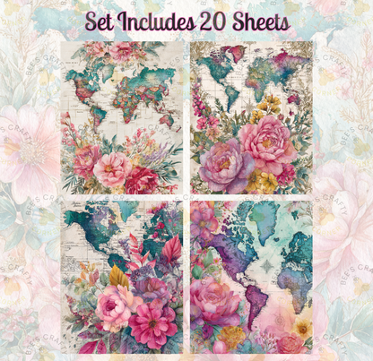a set of four colorful and vibrant world maps, each adorned with a floral design. The maps are arranged in a grid format, with each map featuring a different floral pattern. The floral designs include various types of flowers, such as roses, peonies, and lilies, as well as leaves and other natural elements. The overall color palette of the maps is predominantly pink, green, and blue, creating a visually appealing and harmonious composition.