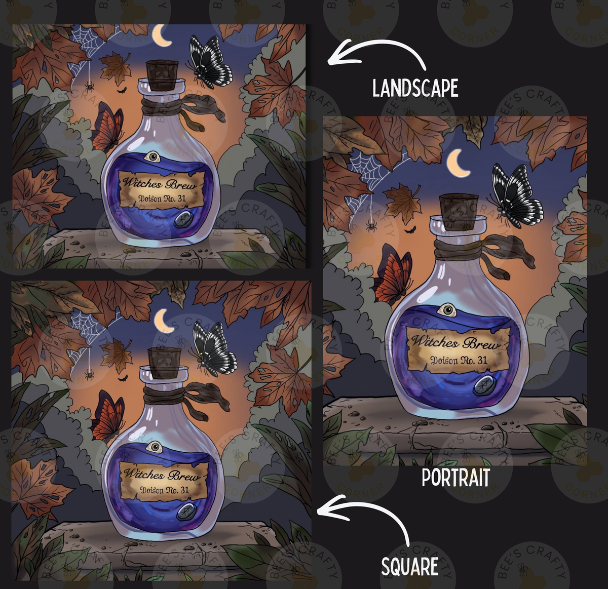 The image is a collage of three images depicting a witch's brew bottle surrounded by autumn leaves, butterflies, and a crescent moon. The images are labeled as "Landscape" and "Portrait" to differentiate between the two types of images.