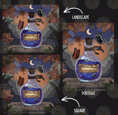 The image is a collage of three images depicting a witch's brew bottle surrounded by autumn leaves, butterflies, and a crescent moon. The images are labeled as "Landscape" and "Portrait" to differentiate between the two types of images.