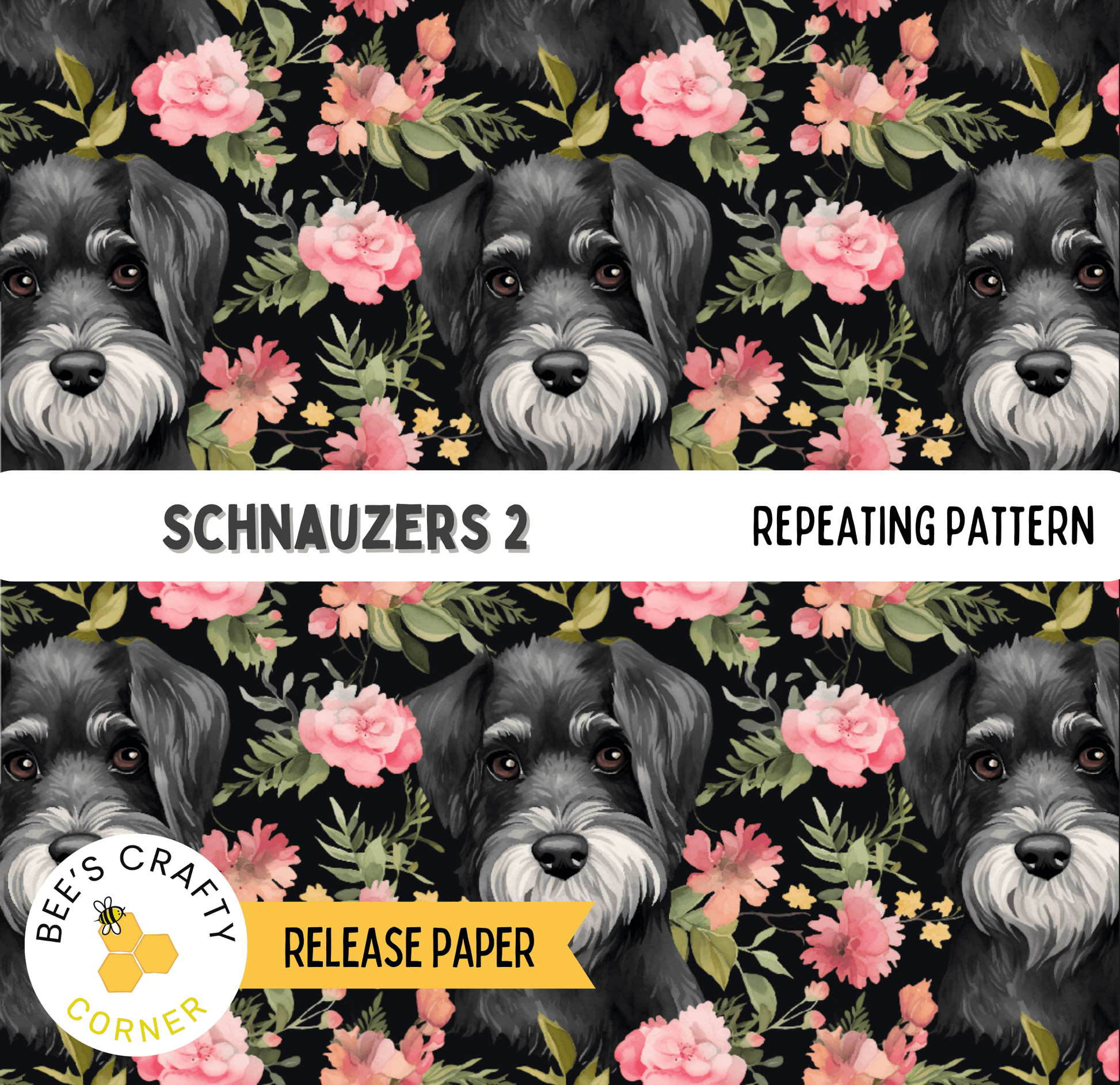 The image is a repeating pattern of black and gray Schnauzer dogs with white whiskers against a background of pink and green flowers.