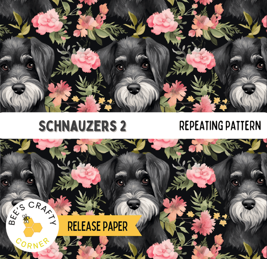 The image is a repeating pattern of black and gray Schnauzer dogs with white whiskers against a background of pink and green flowers.