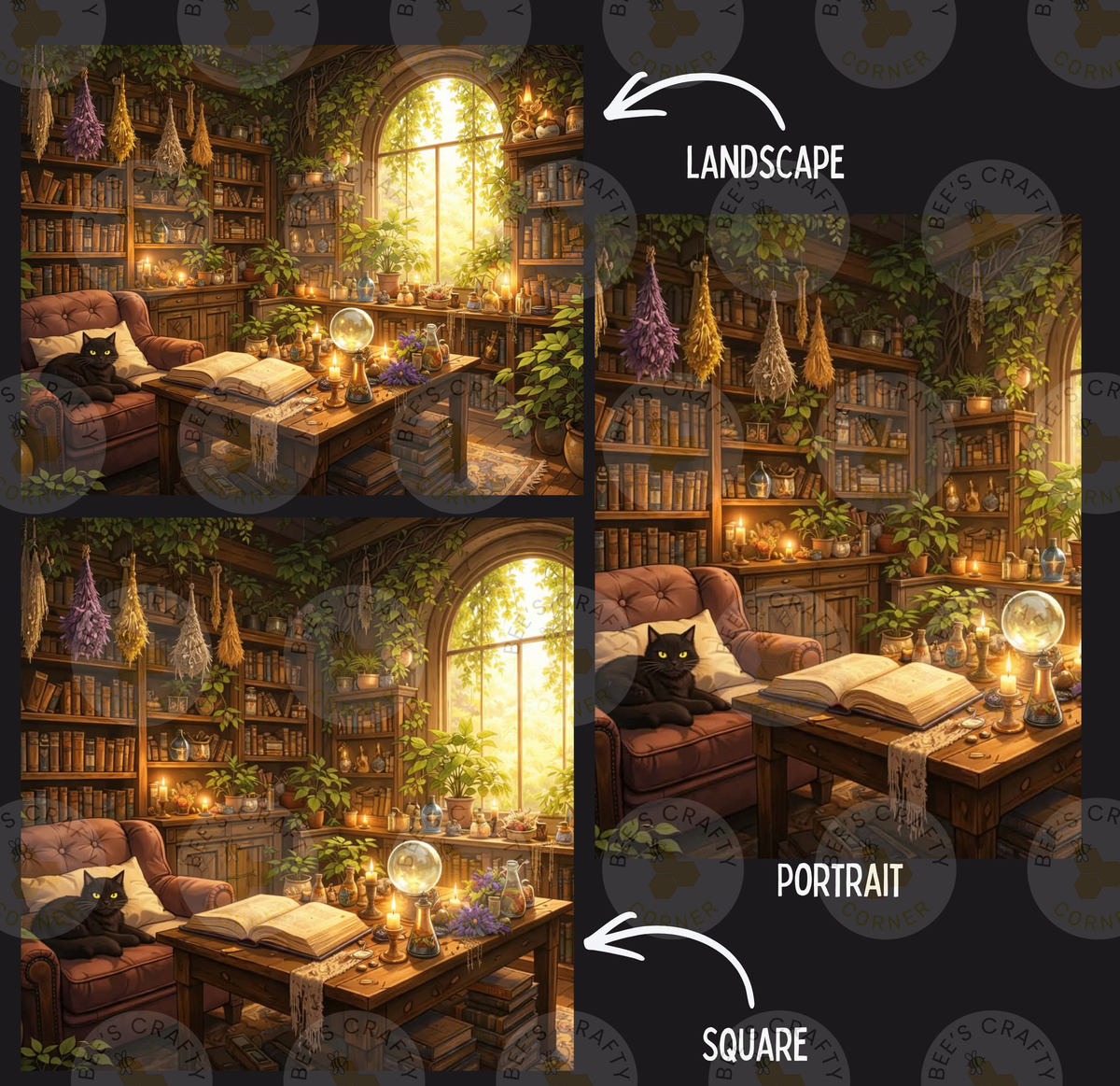 The image is a collage of three pictures depicting a cozy and inviting living room with a bookshelf, plants, and a cat. The first image shows a landscape with a large window, the second image depicts a portrait of the same room, and the third image features a square of the same room.
