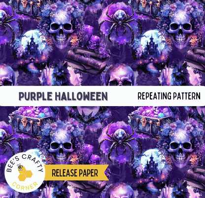 The image is a repeating pattern of purple Halloween-themed elements, including skulls, bats, spider, moon, and flowers, creating a spooky and festive atmosphere.