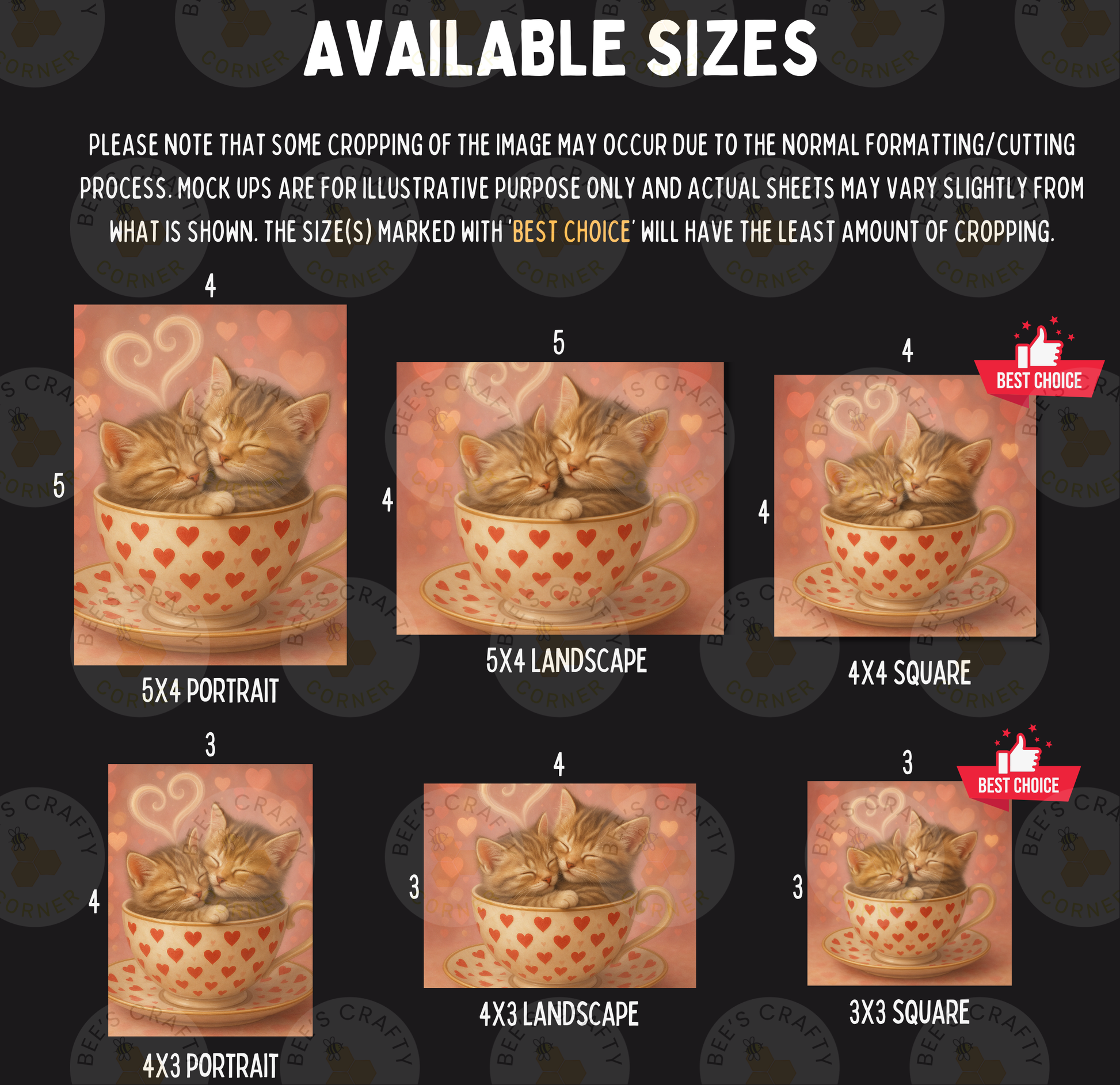 The image is a collage of six images depicting cats sleeping in various sizes of teacups. The cats are sleeping in cups with hearts on them, and the cups are of different sizes. The images are arranged in a grid format, with each image labeled with a number and a size indication.