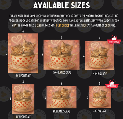 The image is a collage of six images depicting cats sleeping in various sizes of teacups. The cats are sleeping in cups with hearts on them, and the cups are of different sizes. The images are arranged in a grid format, with each image labeled with a number and a size indication.