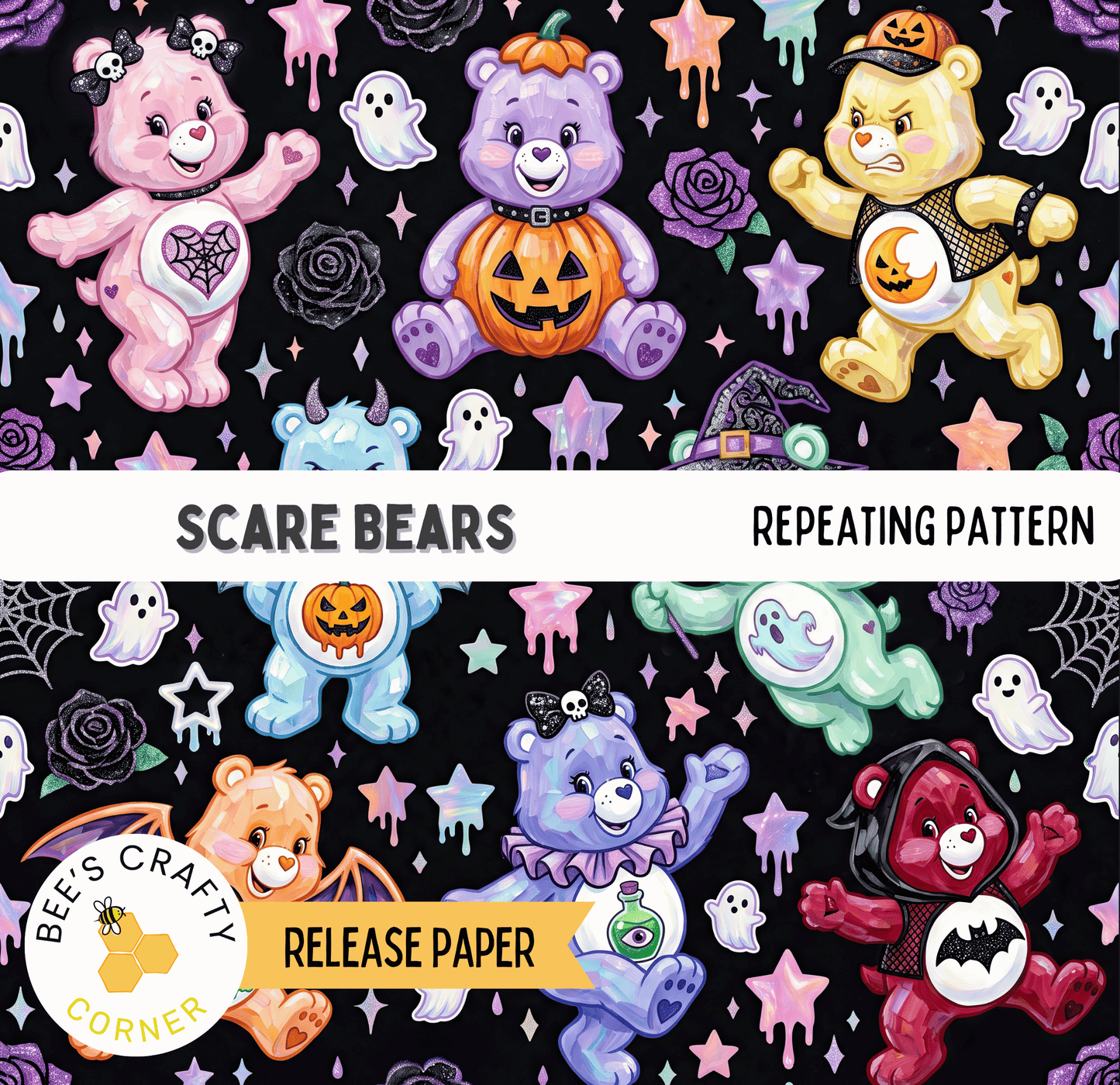 The image is a repeating pattern of various cartoon bears in different costumes, including a pumpkin, a witch's hat, and a bat, against a black background with stars and skulls.