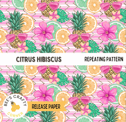 The image is a repeating pattern of various tropical fruits and flowers, including pineapple, hibiscus, and citrus fruits like oranges and lemons, arranged in a visually appealing and vibrant design.
