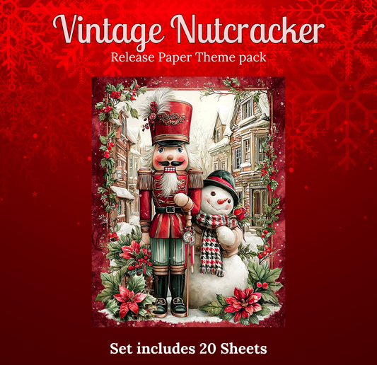 The image is a Christmas-themed paper with a vintage nutcracker and a snowman, surrounded by a wreath of flowers and snowflakes. The paper has a red and white color scheme and features text that reads "Vintage Nutcracker Release Paper Theme pack Set includes 20 Sheets".