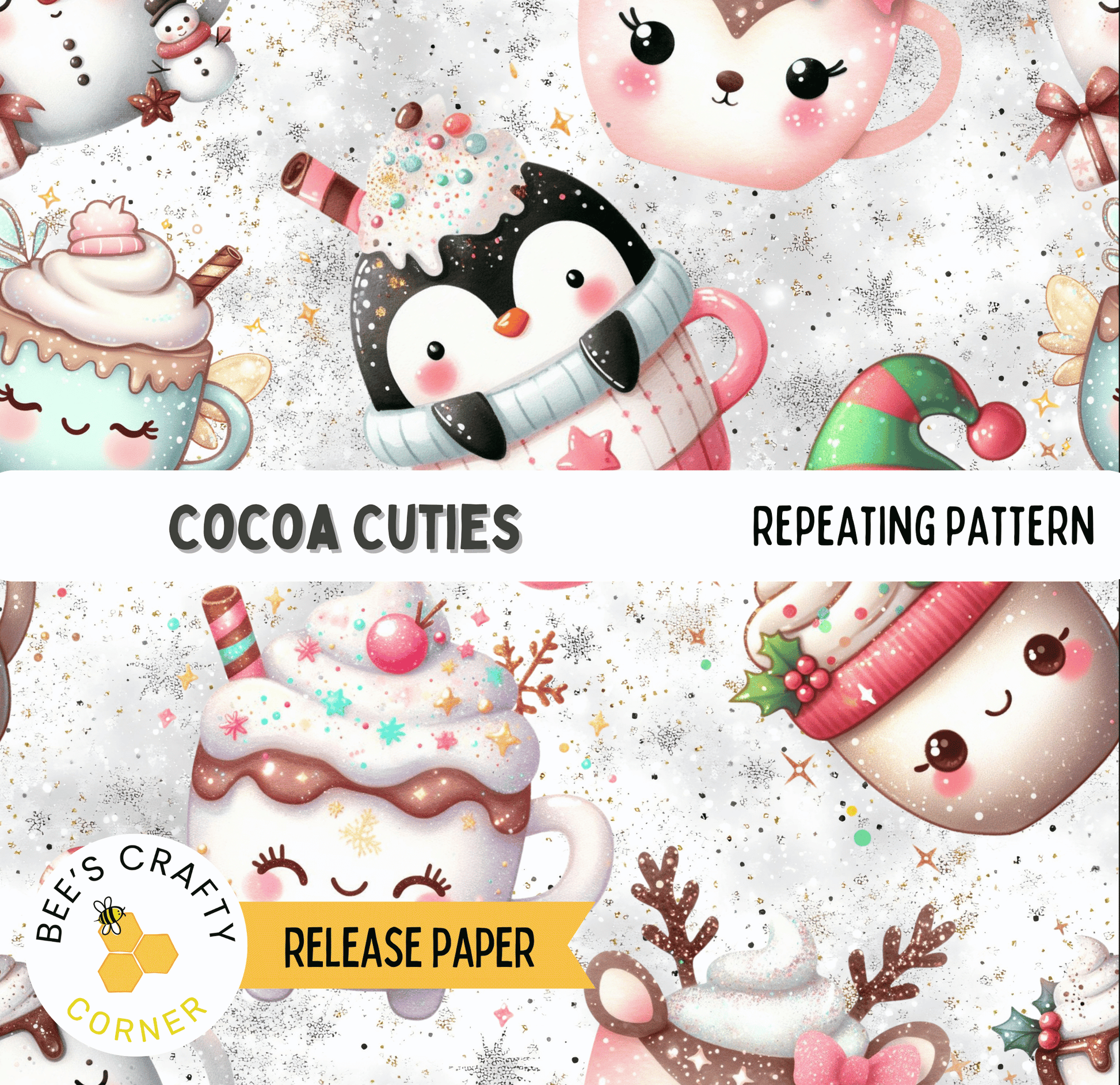 The image is a repeating pattern of various whimsical and festive-themed illustrations, including a penguin, a cupcake, a snowman, and other holiday-themed characters.