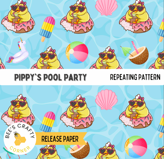 The image is a repeating pattern of cartoon ducks sitting on various objects, such as donuts, ice cream cones, and beach balls, against a blue background.