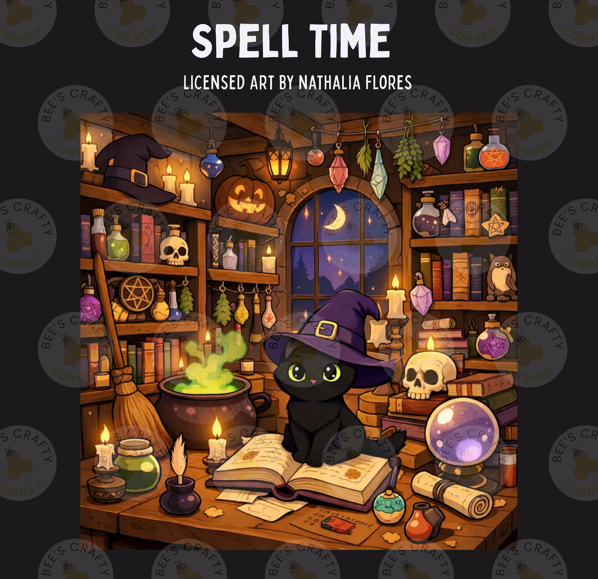 The image is a whimsical illustration depicting a witch's cottage filled with various magical and mystical objects, including a black cat sitting on a book and a cauldron with a green concoction.