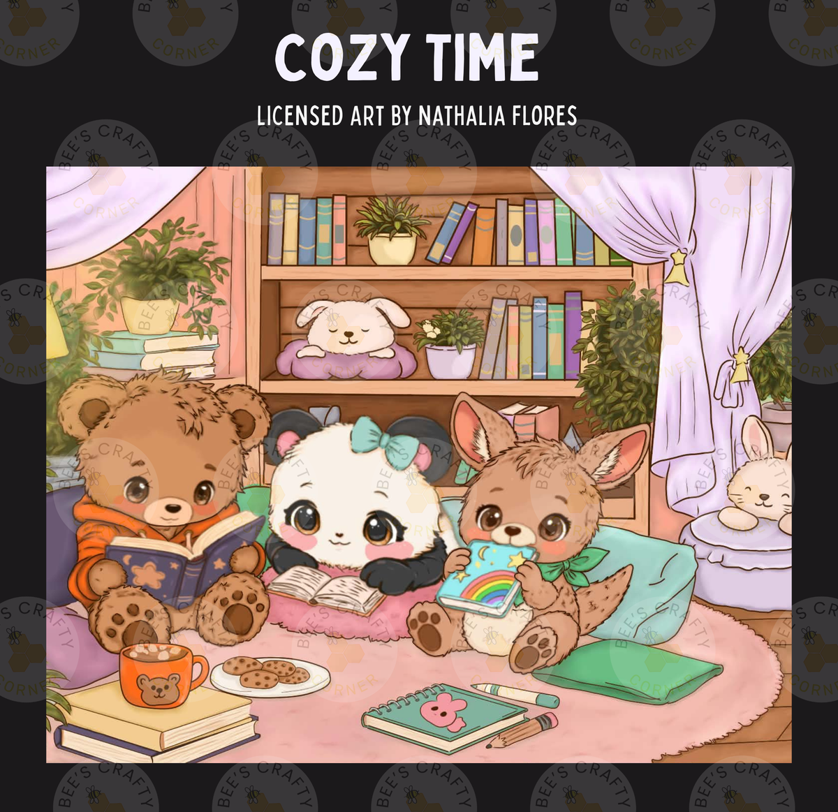 The image is a collage of three cartoon animal characters, including a bear, a panda, and a kangaroo, sitting together in a cozy setting with books, plants, and a cup of tea.