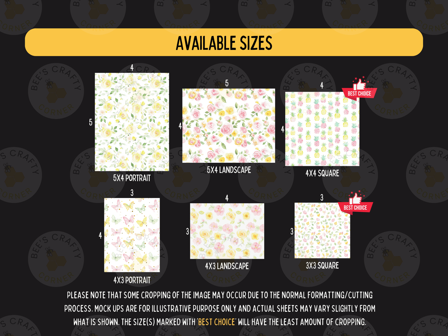 a collection of available sizes for various patterns, including landscapes, portraits, and square designs.
