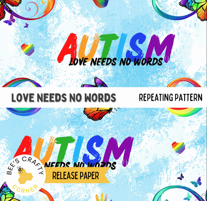 The image is a collage of two images, both featuring the word "Autism" in large, colorful letters against a blue background. The text "Love Needs No Words" is also present in the collage.