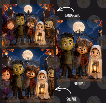 The image is a collage of two images, each featuring a group of cartoon characters dressed in Halloween costumes. The characters include a group of children, a group of teenagers, and a group of adults. The images are labeled as "Landscape" and "Portrait" to indicate the different perspectives of the scene.
