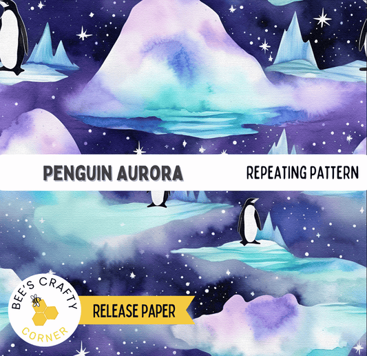 The image is a watercolor painting depicting a snowy landscape with penguins, mountains, and a starry night sky.