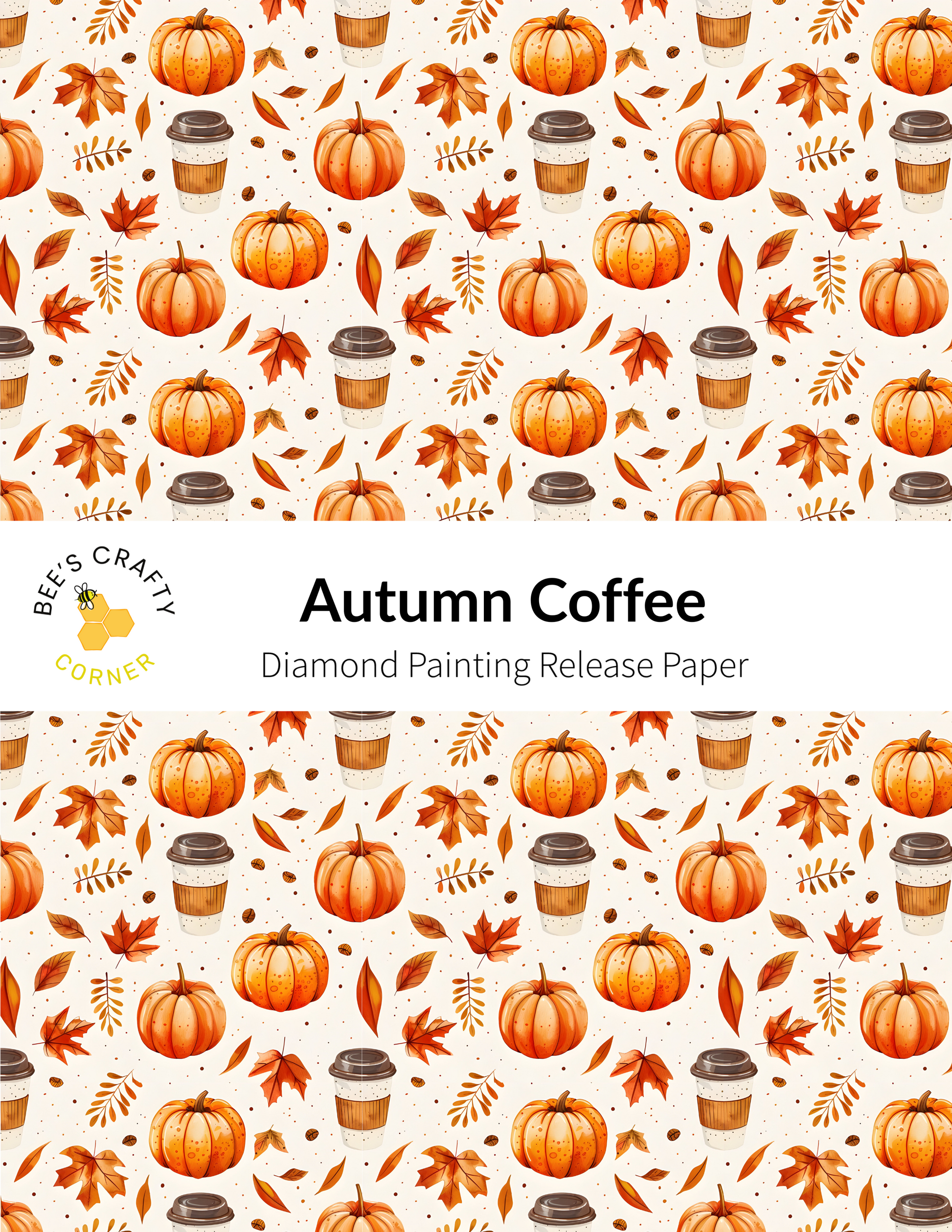The image is a repeating pattern of autumn-themed objects, including pumpkins, coffee cups, and leaves, arranged in a visually appealing and harmonious manner.