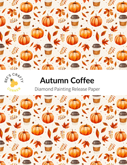 The image is a repeating pattern of autumn-themed objects, including pumpkins, coffee cups, and leaves, arranged in a visually appealing and harmonious manner.