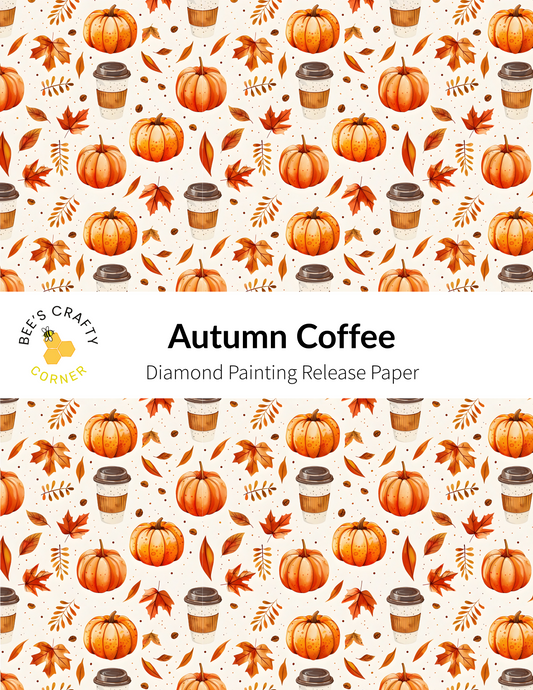 The image is a repeating pattern of autumn-themed objects, including pumpkins, coffee cups, and leaves, arranged in a visually appealing and harmonious manner.