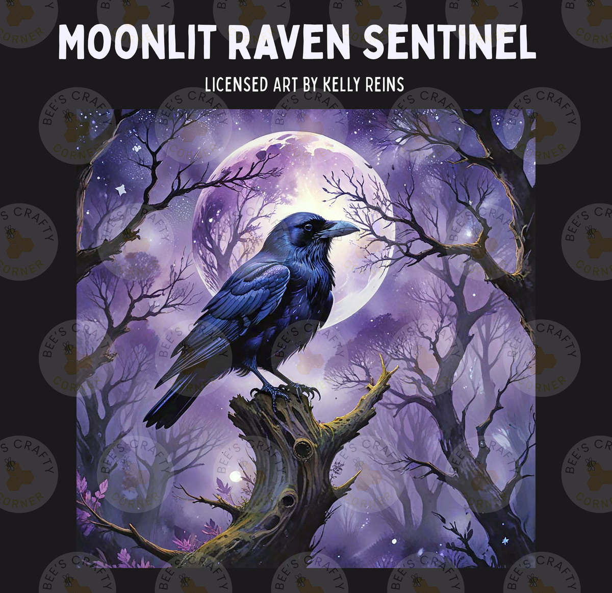 The image is a painting of a black raven perched on a tree stump, with a full moon in the background.