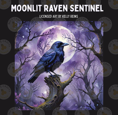 The image is a painting of a black raven perched on a tree stump, with a full moon in the background.
