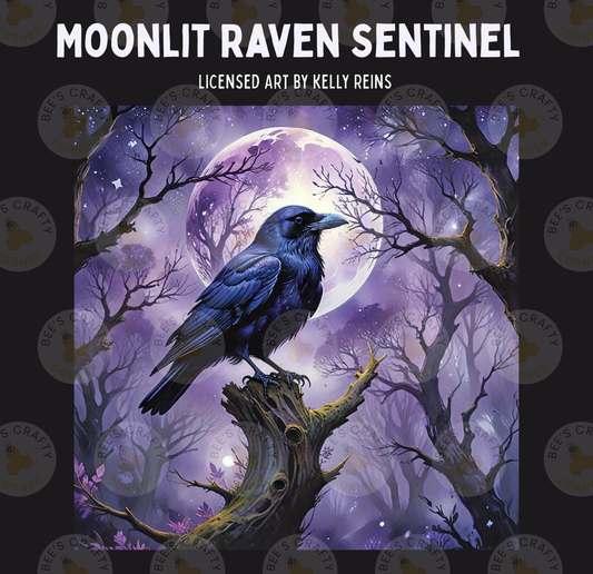 The image is a painting of a black raven perched on a tree stump, with a full moon in the background.