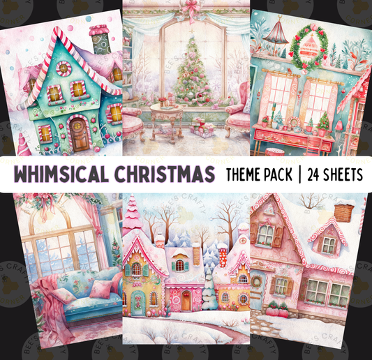 The image is a theme pack of 24 colorful and whimsical Christmas-themed illustrations, featuring various houses, trees, and other festive elements.