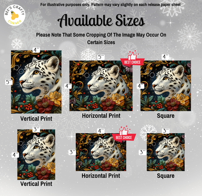 The image is a collage of six images featuring a close-up of a leopard's face surrounded by floral elements. The images are available in different sizes, including 4", 5", 4", 5", 4", and 4", as well as square and vertical prints. The text indicates that some cropping of the image may occur on certain sizes, and the best choice is the 4" square.