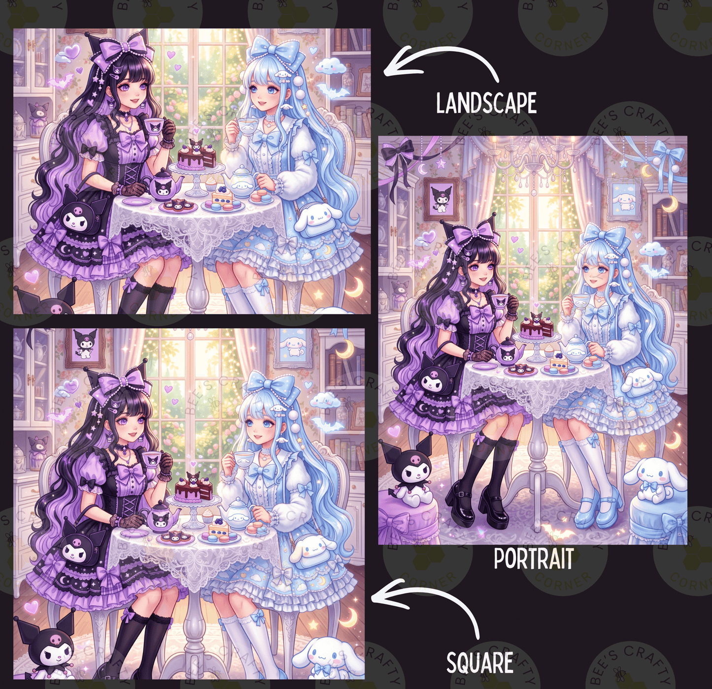 The image is a collage of three images depicting two girls sitting at a table with cakes and other treats, surrounded by various decorative elements such as flowers, candles, and other accessories.