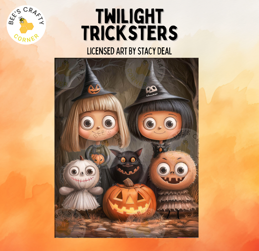 The image is a Halloween-themed illustration featuring a group of spooky and whimsical characters, including a witch, a cat, a pumpkin, and a skeleton, all dressed in Halloween costumes and surrounded by Halloween-themed elements.