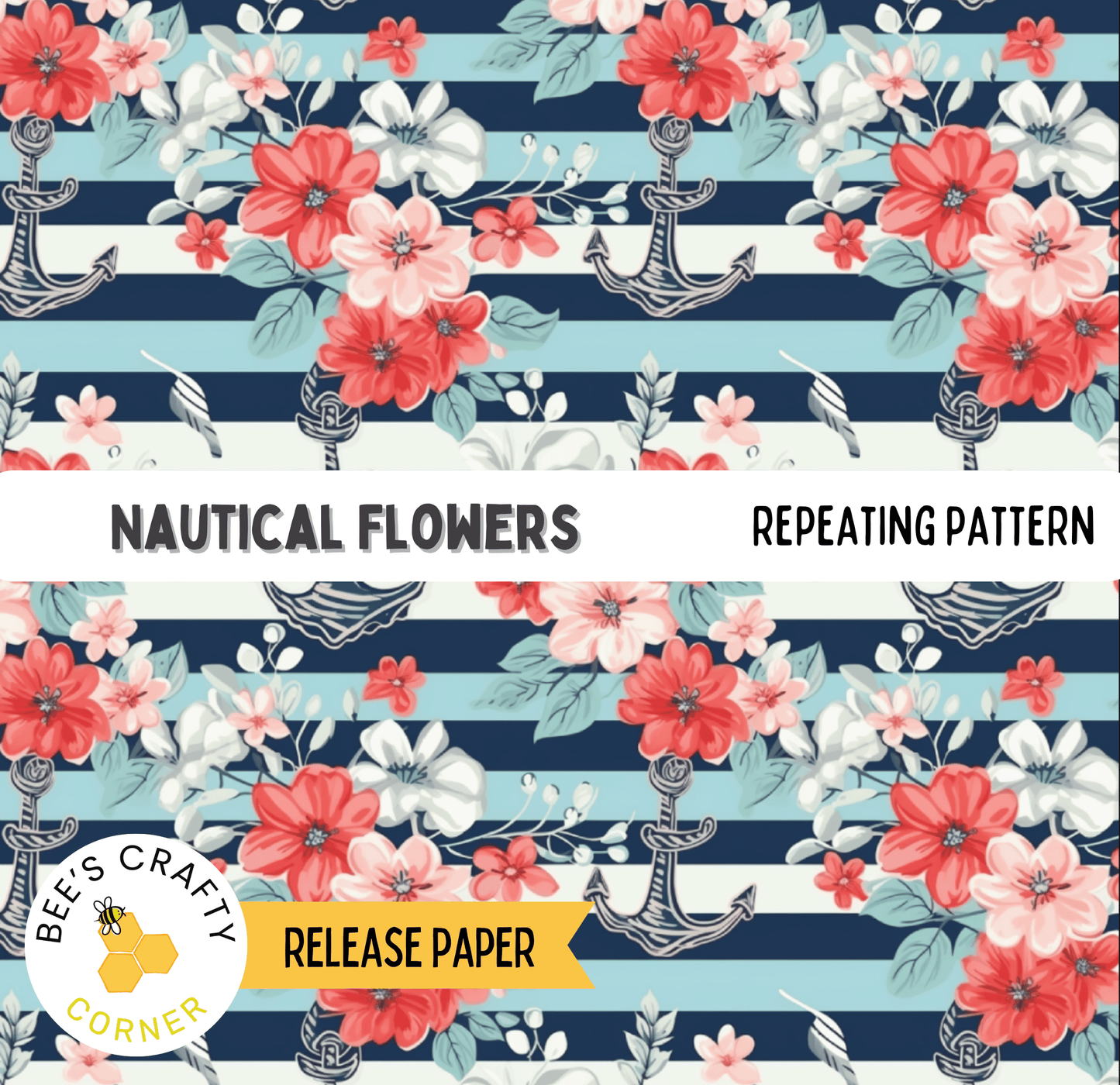 The image is a repeating pattern of nautical flowers and an anchor on a blue and white striped background.