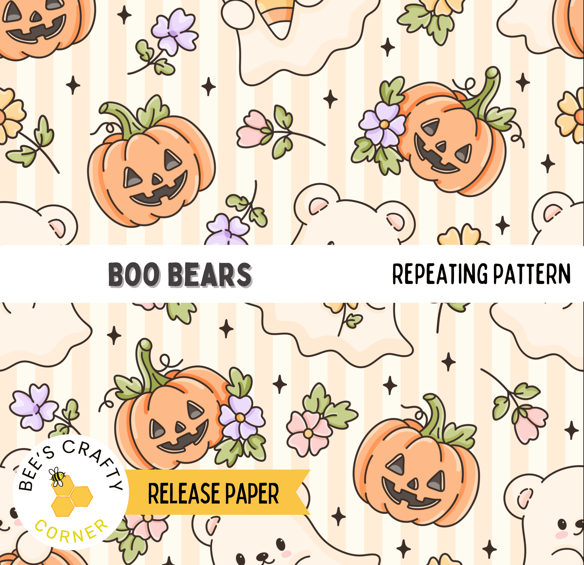 The image is a repeating pattern featuring Halloween-themed elements such as pumpkins, flowers, and bears.