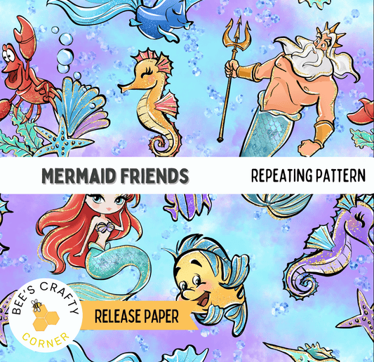 The image is a repeating pattern featuring various cartoon-style mermaid characters, including a mermaid with a trident, a mermaid with a shell, and a mermaid with a fish. The background is a vibrant blue color with bubbles and other marine life. The text "MURMAD FRIENDS" and "REPEATING PATTERN" are visible, along with the release paper label "RELEASE PAPER" and the logo for "Bee's Crafty Corner".