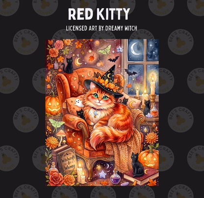The image is a vibrant illustration of a cat wearing a witch's hat, surrounded by Halloween-themed elements such as pumpkins, bats, and candles.