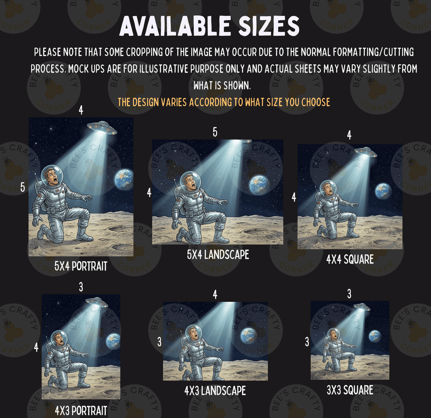 six different sizes of illustrations depicting a person in a spacesuit on the moon, with each size represented by a corresponding image.