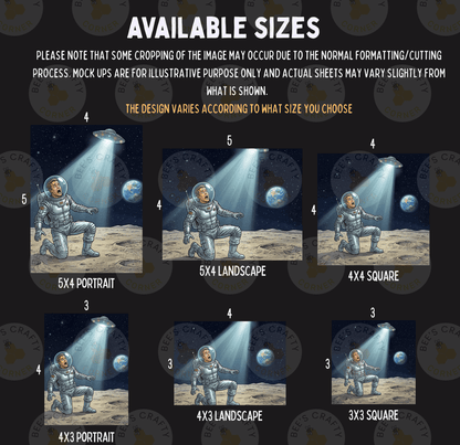 six different sizes of illustrations depicting a person in a spacesuit on the moon, with each size represented by a corresponding image.