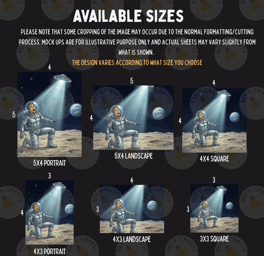 six different sizes of illustrations depicting a person in a spacesuit on the moon, with each size represented by a corresponding image.