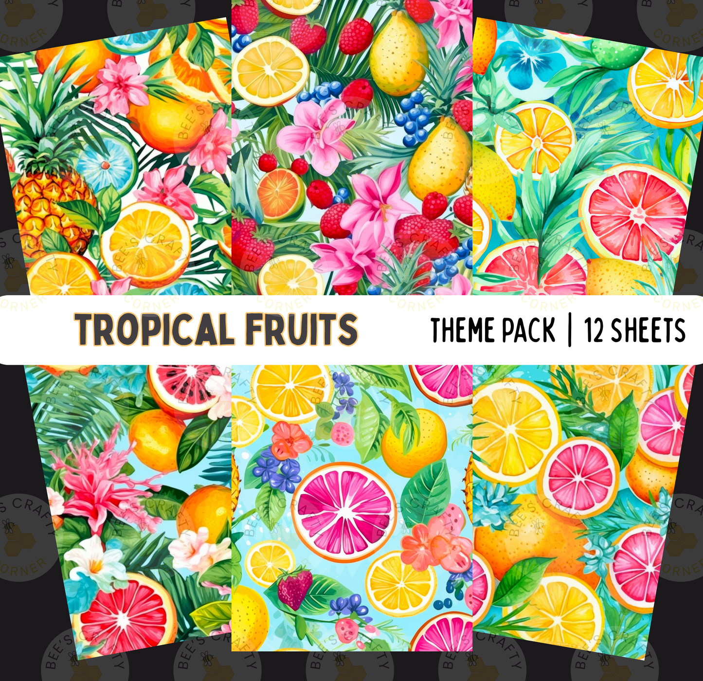 The image is a collage of 12 colorful and vibrant tropical fruit images, including oranges, grapefruits, pineapples, and other fruits and flowers.