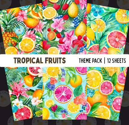 The image is a collage of 12 colorful and vibrant tropical fruit images, including oranges, grapefruits, pineapples, and other fruits and flowers.