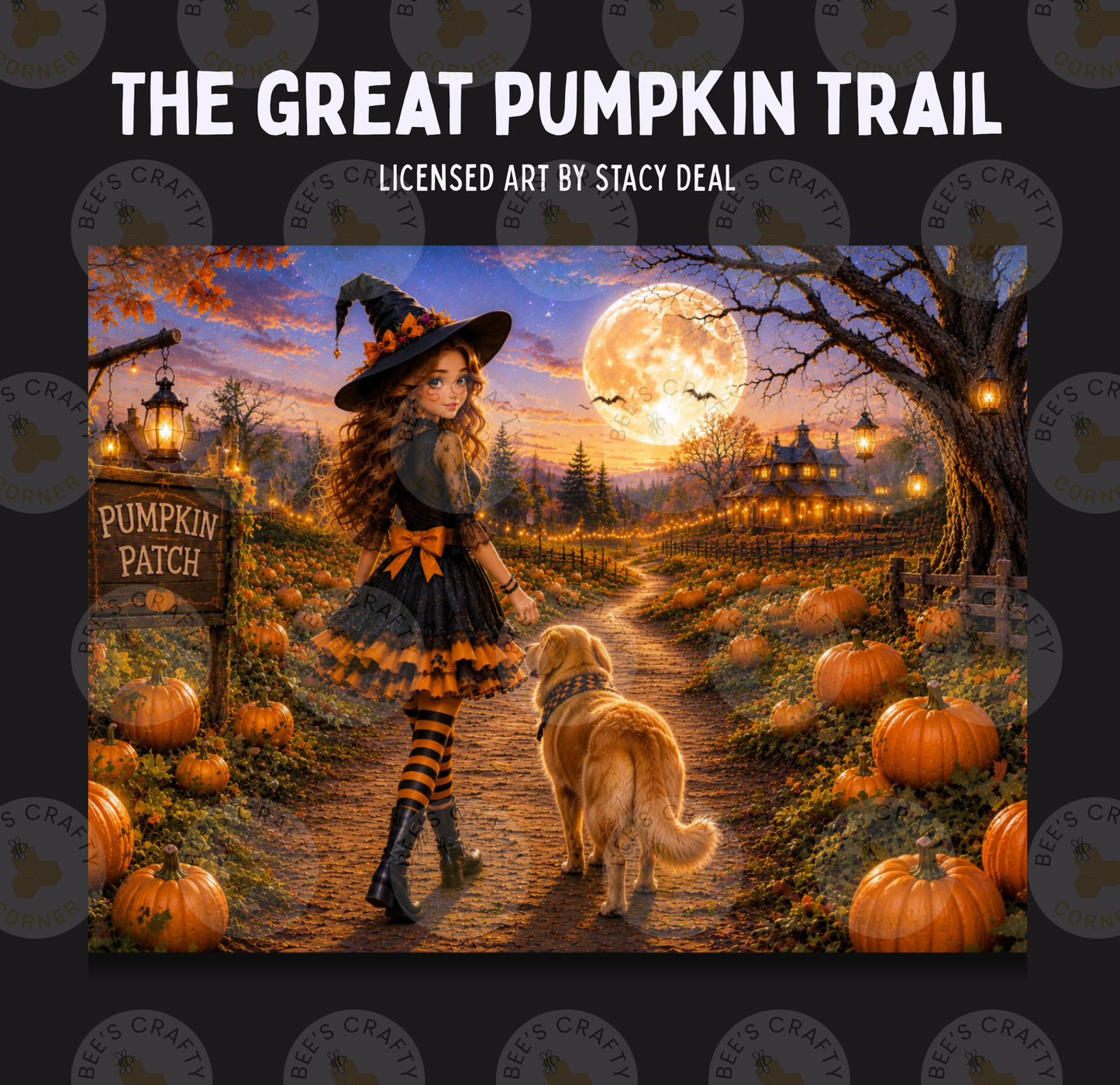 a woman in a witch's hat and striped dress walking a dog down a path lined with pumpkins, with a full moon and bats in the background.