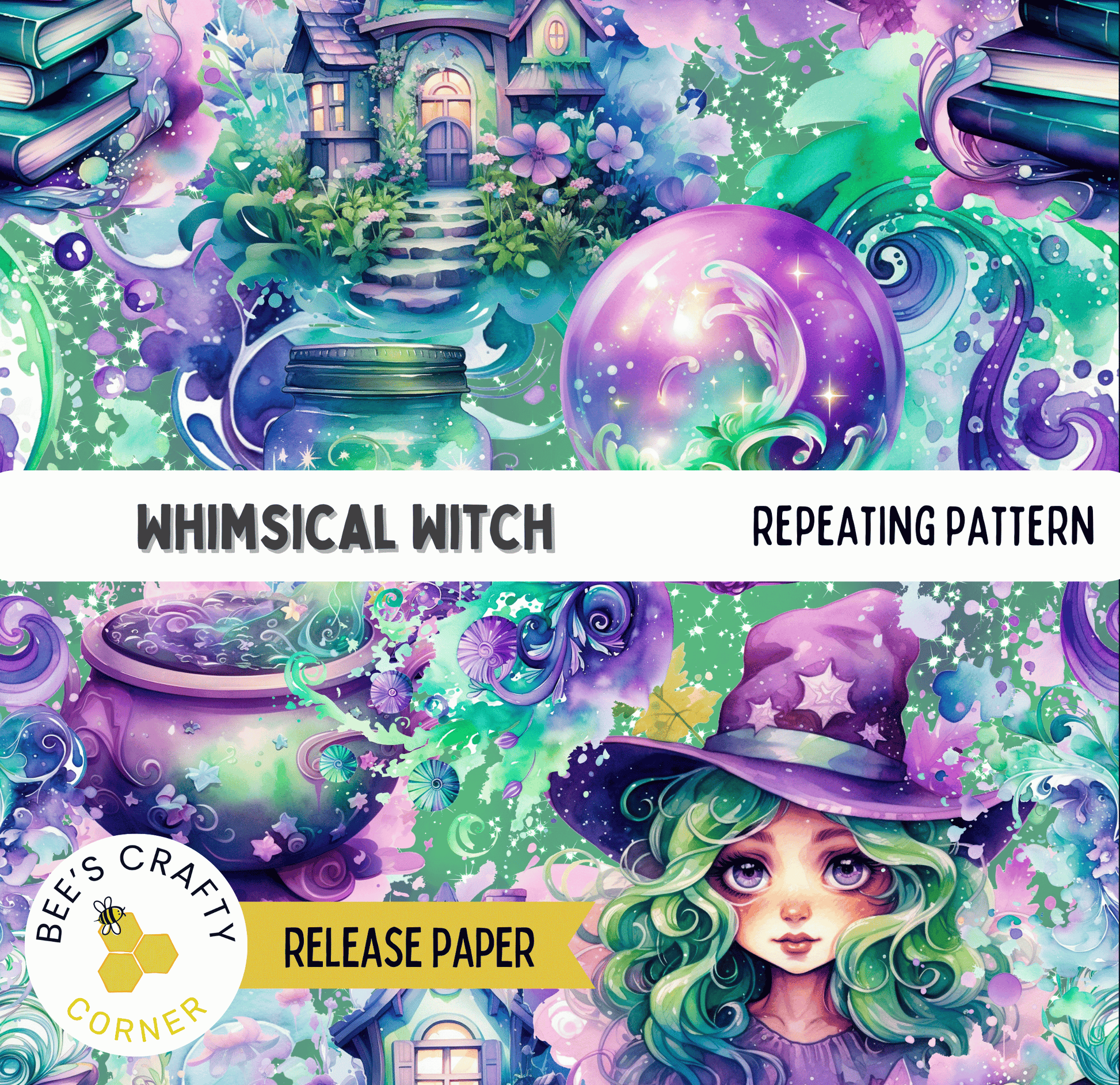 The image is a vibrant and whimsical illustration featuring a young girl with green hair and a purple hat, surrounded by fantastical elements such as a castle, bubbles, and flowers. The overall color scheme is a mix of purple, green, and blue, creating a magical and enchanting atmosphere.